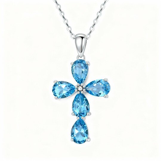 Collar con colgante de cruz de topacio talla pera en oro blanco de 10 quilates