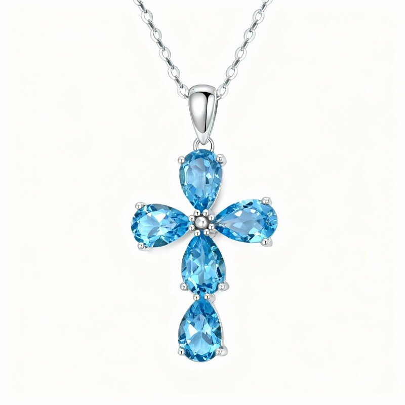 Colar com pendente de cruz em ouro branco 10K com topázio em forma de pera-16