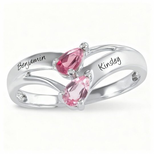 10K White Gold Pear Shaped Cubic Zirconia Personalized Birthstone & Personalized Engraving Birthstone Ring