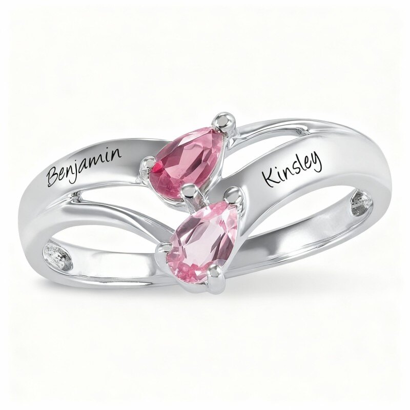 Pierścionek z 10-karatowego białego złota z cyrkonią sześcienną w kształcie gruszki, z personalizowanym kamieniem szlachetnym i grawerunkiem-18