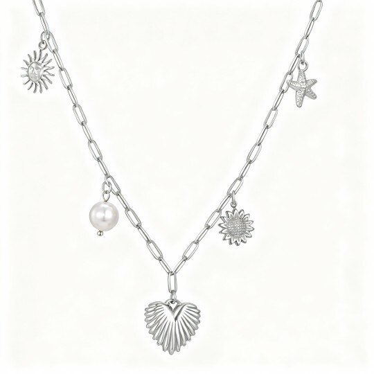 Collier pendentif en or blanc 10 carats avec pendentif en forme d'aile d'ange, de cœur, d'étoile et de soleil, orné de perles