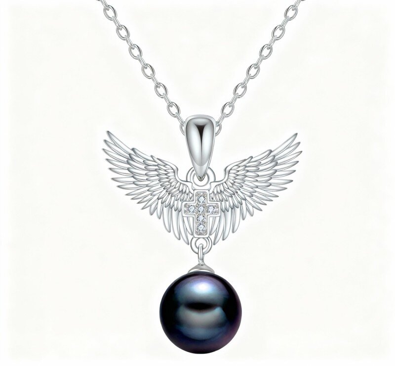 Colar com pendente de asa de anjo em ouro branco 10K com pérola-16