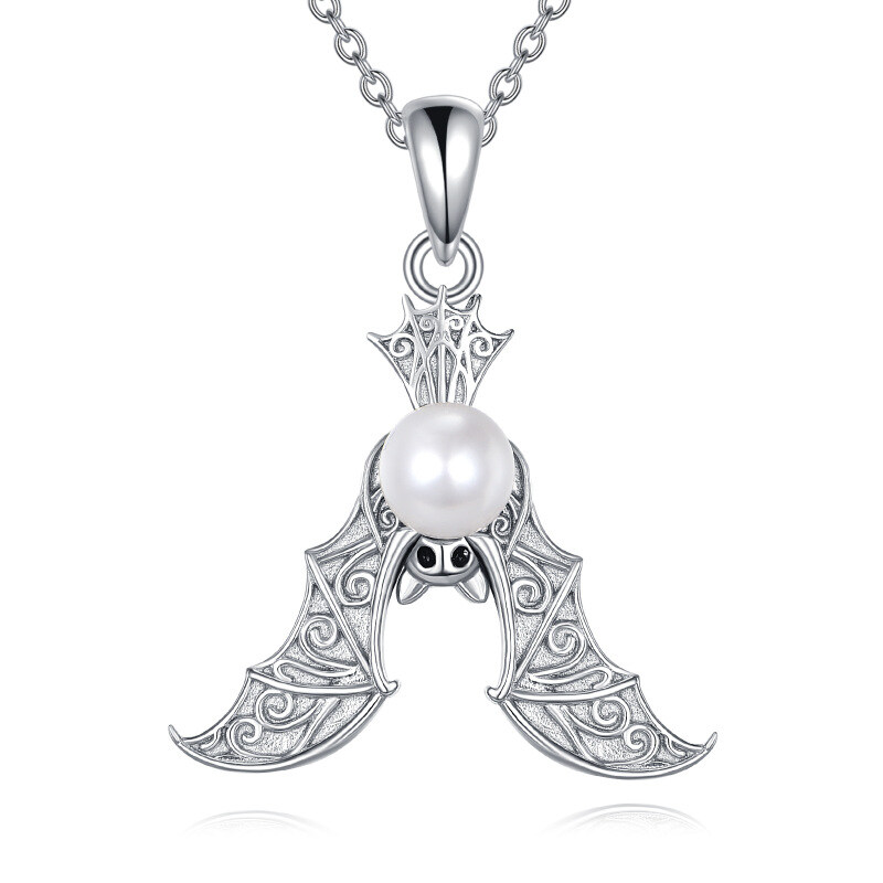 18K White Gold Pearl Bat Pendant Necklace-1