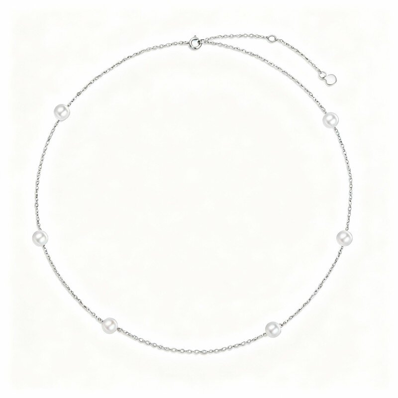 10K White Gold Pearl Bead Chain Bracelet-15