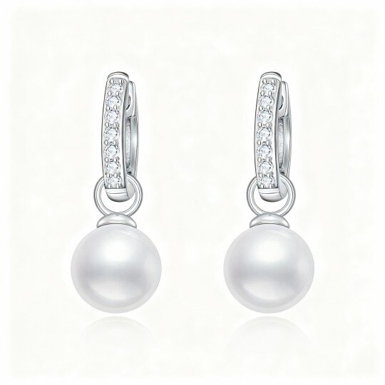 10K White Gold Cubic Zirconia & Pearl Bead Drop Earrings