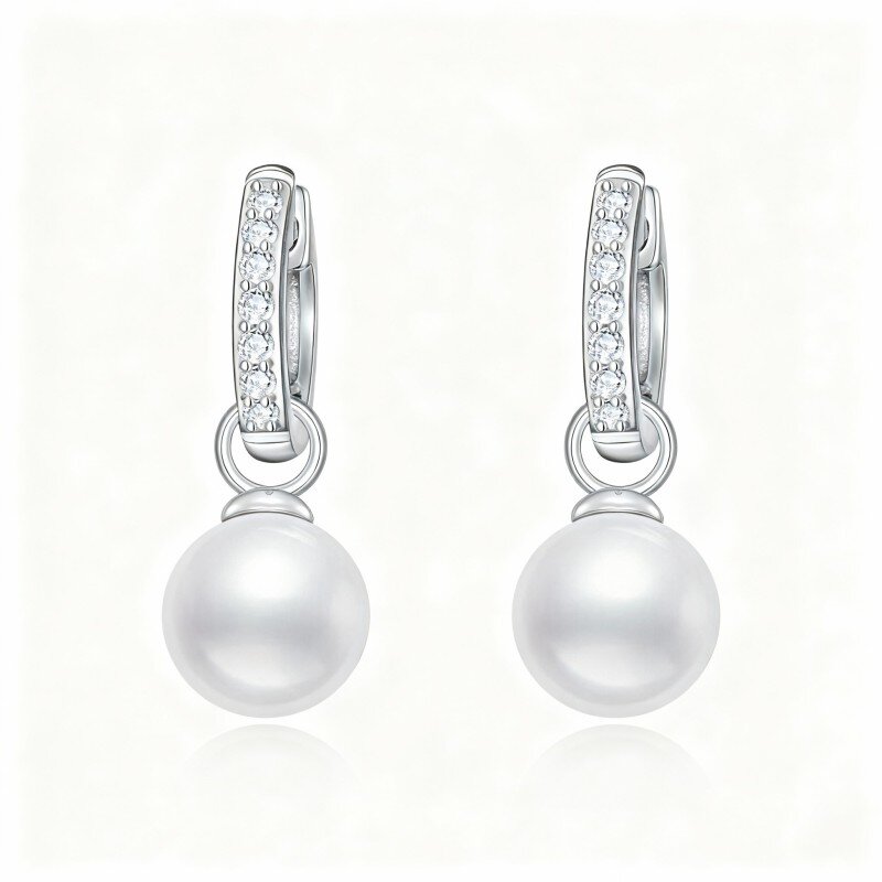 Orecchini pendenti in oro bianco 10K con zirconi cubici e perle-16