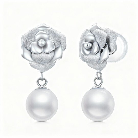 10K White Gold Pearl Bead Drop Earrings