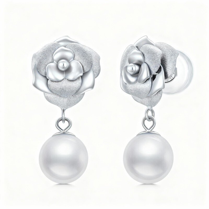 Orecchini pendenti con perle in oro bianco 10K-3