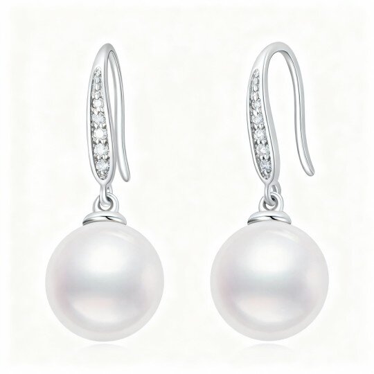 10K White Gold Cubic Zirconia & Pearl Bead Drop Earrings