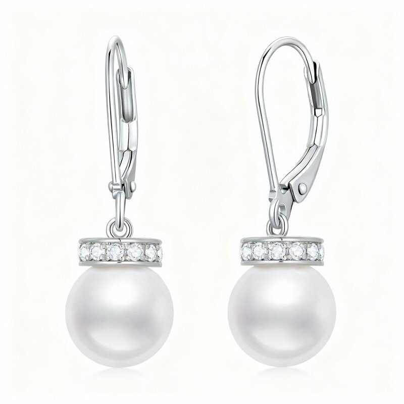 10K White Gold Pearl Bead Drop Earrings-10