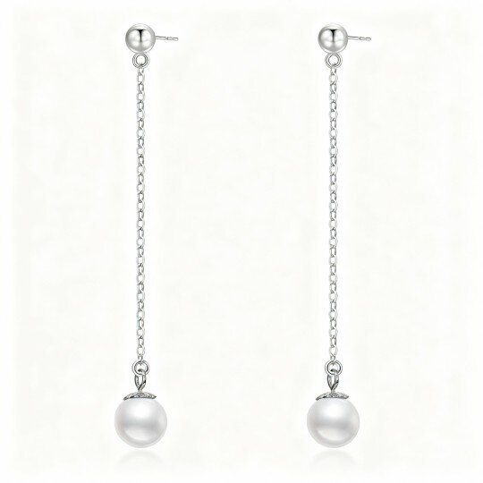 10K White Gold Pearl Bead Drop Earrings