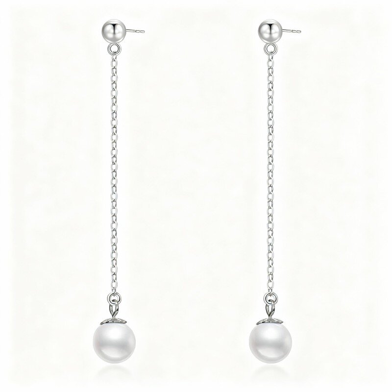 10K White Gold Pearl Bead Drop Earrings-13