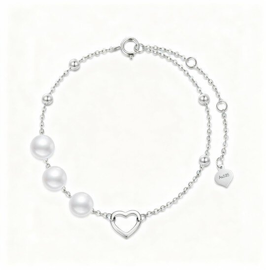 Pulsera de oro blanco de 10 quilates con perlas y cuentas metálicas en forma de corazón
