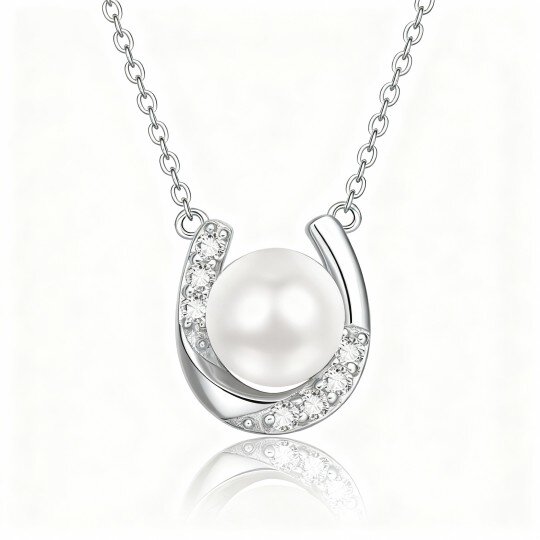 10K White Gold Cubic Zirconia & Pearl Bead & Horseshoe Pendant Necklace