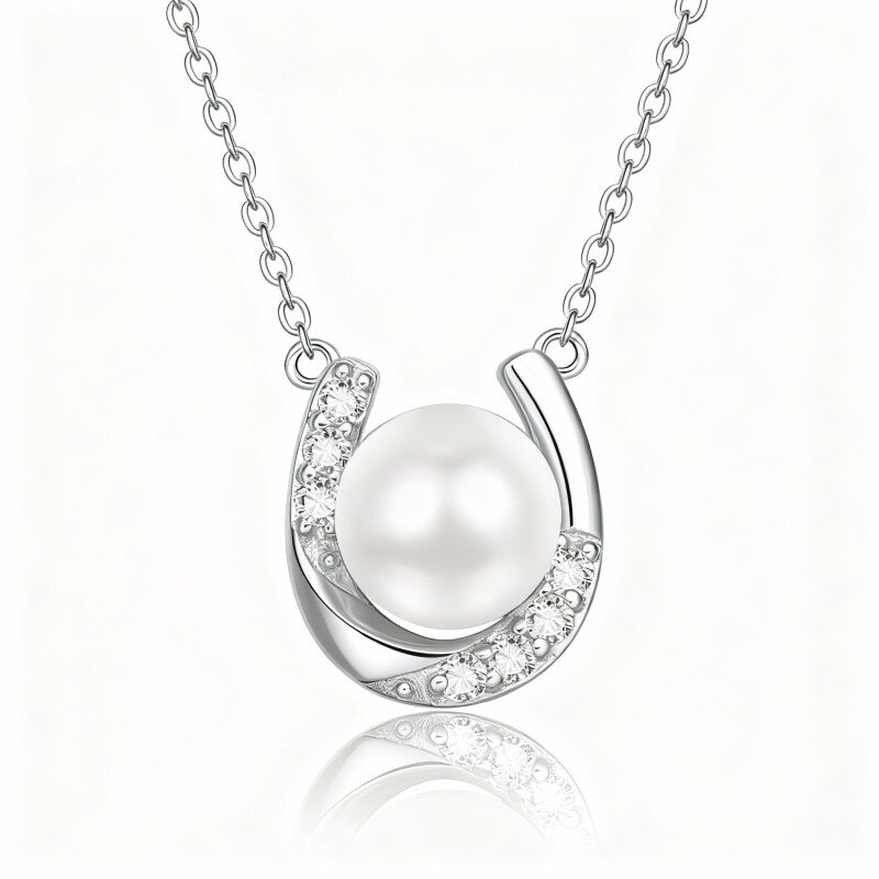 10K White Gold Cubic Zirconia & Pearl Bead & Horseshoe Pendant Necklace-11