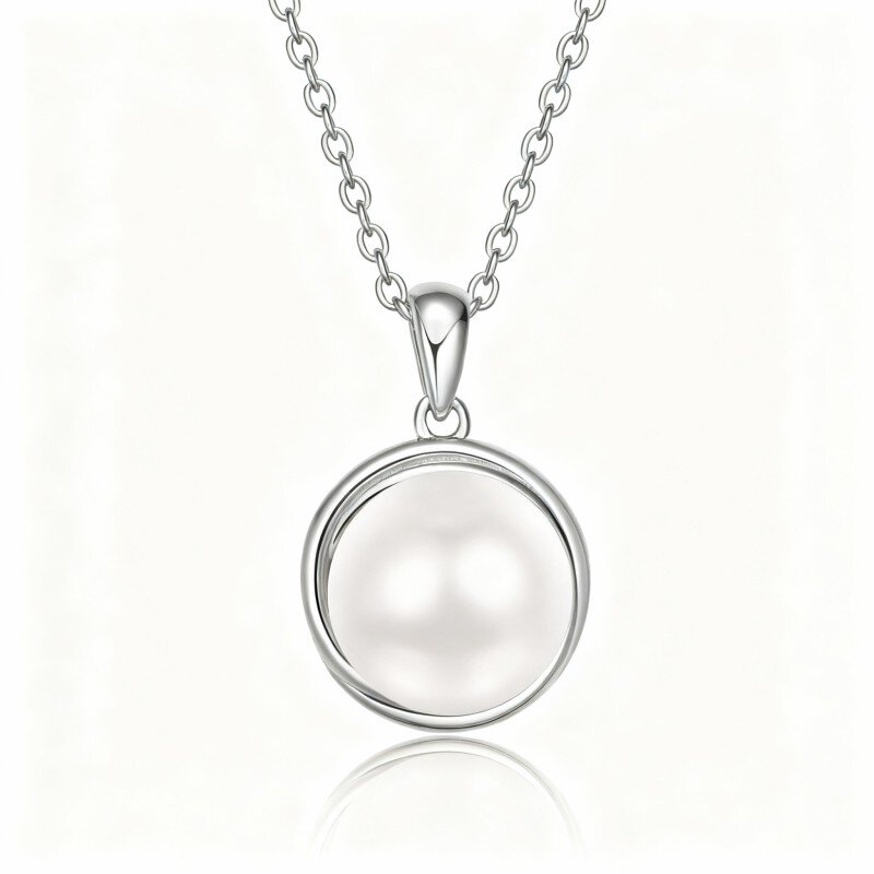 10K White Gold Pearl Bead Pendant Necklace-16