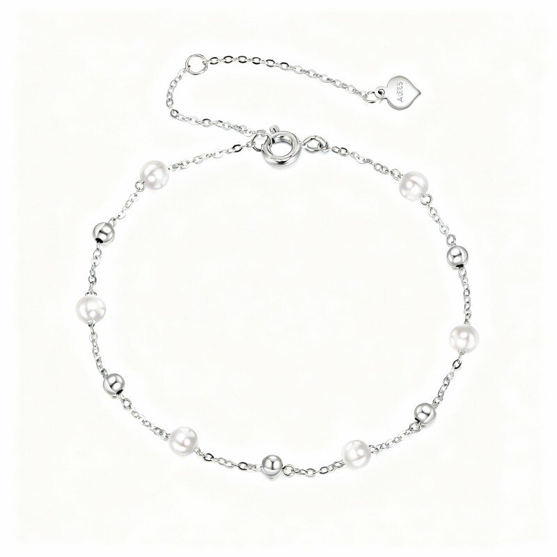 10K White Gold Pearl Bead Bead Station Chain Bracelet-1