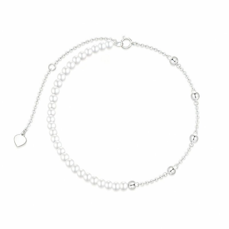 10K White Gold Pearl Bead Bead Station Chain Bracelet-20