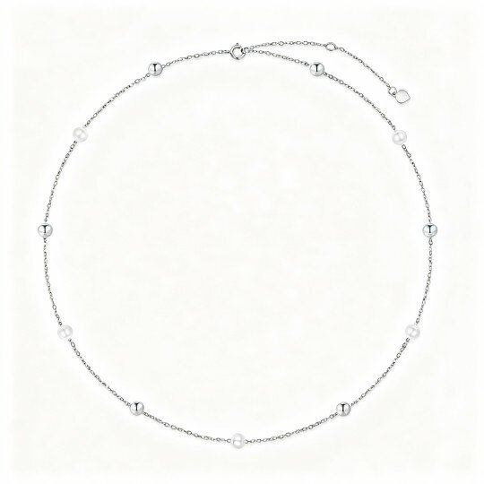 10K White Gold Pearl Bead Station Necklace