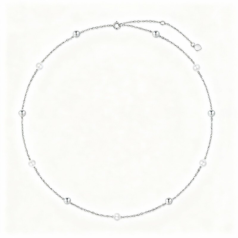 10K White Gold Pearl Bead Station Necklace-1