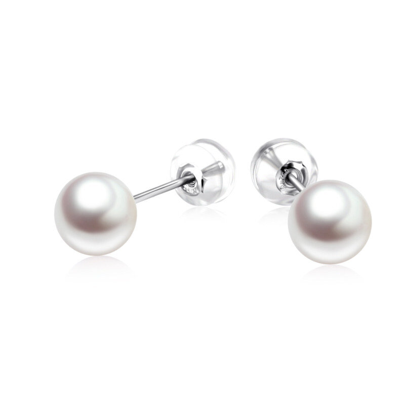 Platinum with White Gold Plated Pearl Bead Stud Earrings-1