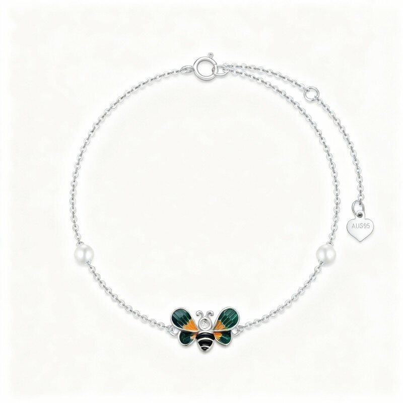 Pulseira com pendente de abelha em ouro branco 10K e pérola-1