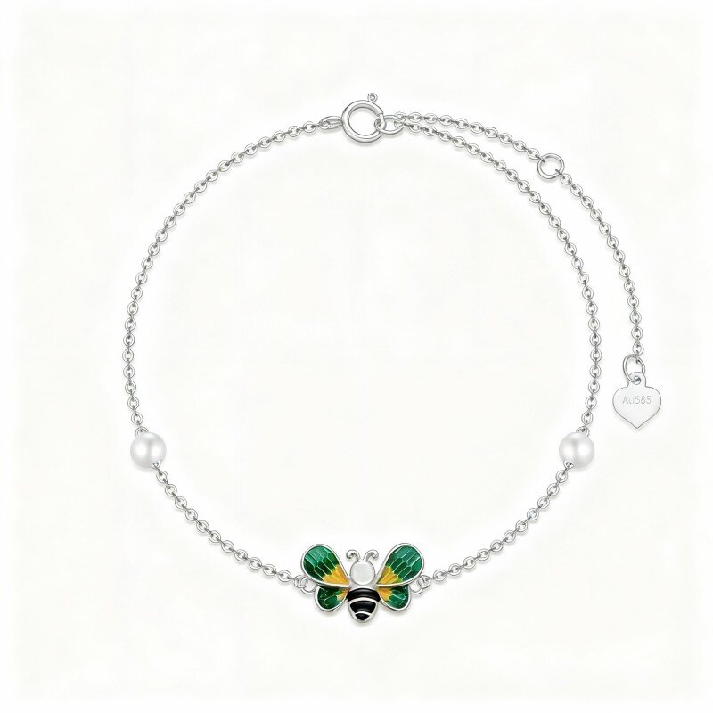 10K White Gold Pearl Bee Single Layer Charm Anklet-8