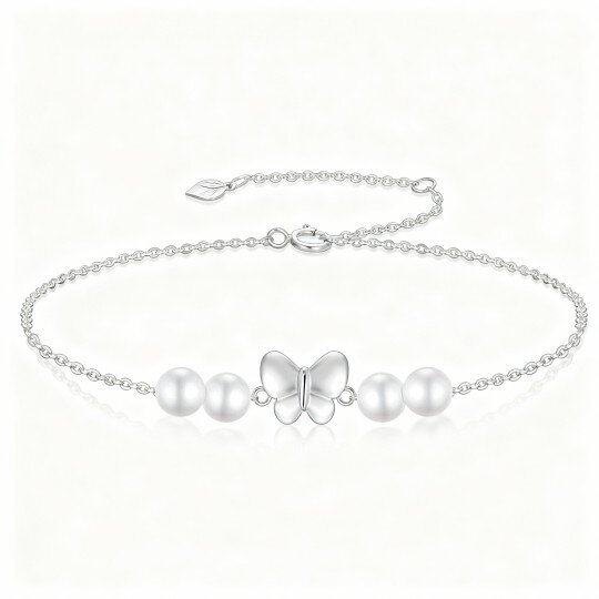 Pulseira com pendente de borboleta e pérola em ouro branco 10K