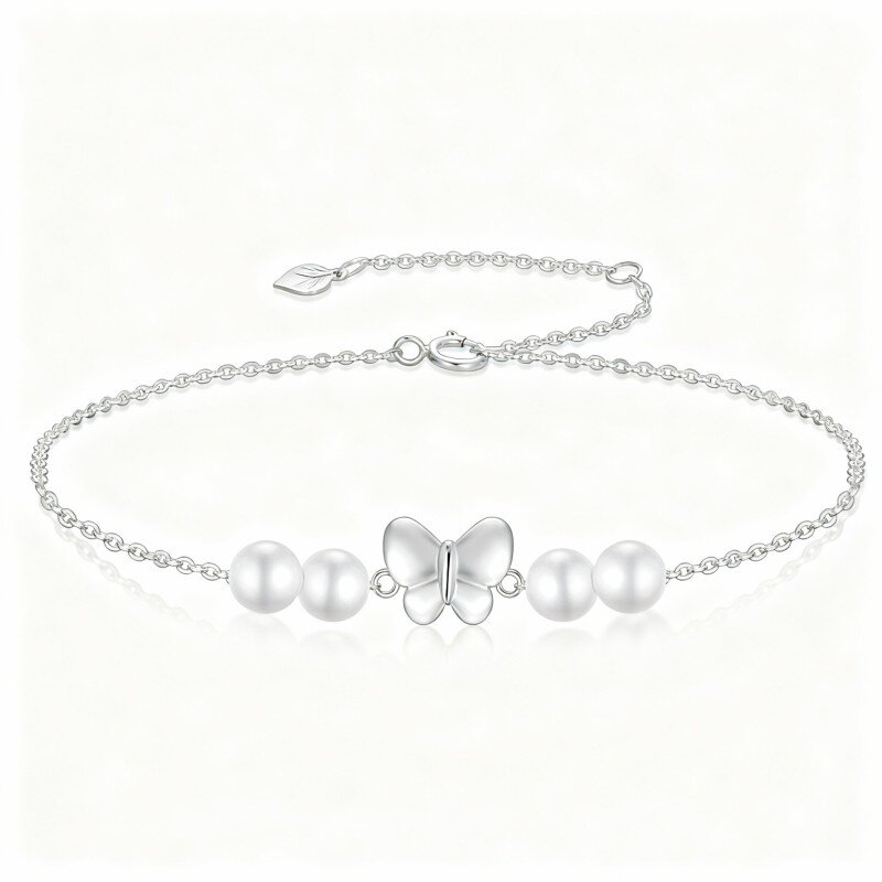 Pulseira com pendente de borboleta e pérola em ouro branco 10K-3