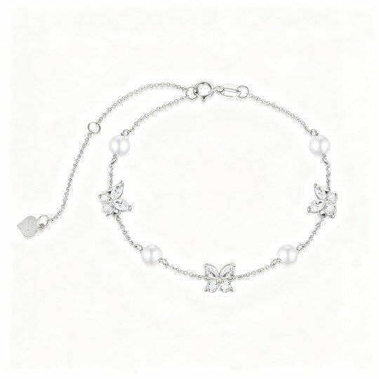 Pulseira com pendente borboleta em ouro branco 9K, pérola e zircónias cúbicas