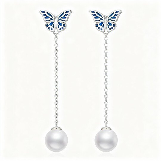 Pendientes colgantes de mariposa con perlas y oro blanco de 10 quilates