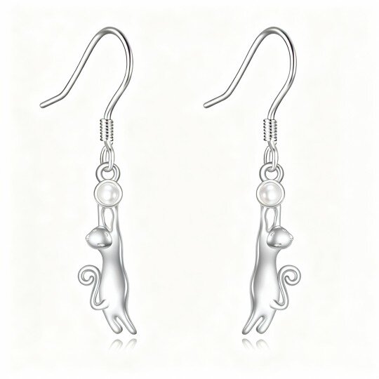 10K White Gold Pearl Cat Drop Earrings