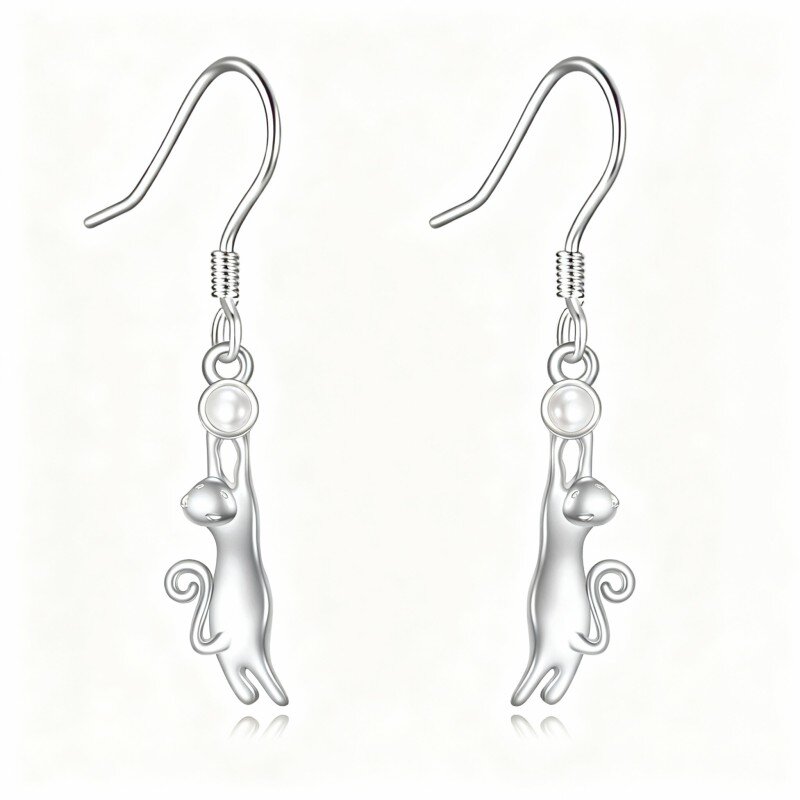 10K White Gold Pearl Cat Drop Earrings-1