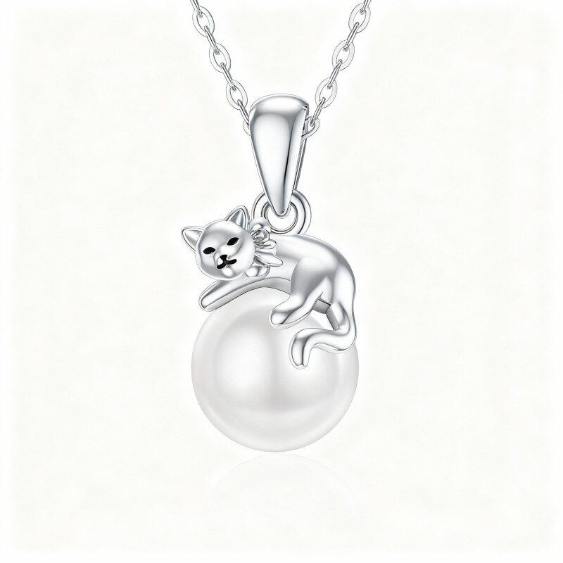 10K White Gold Pearl Cat Pendant Necklace-5