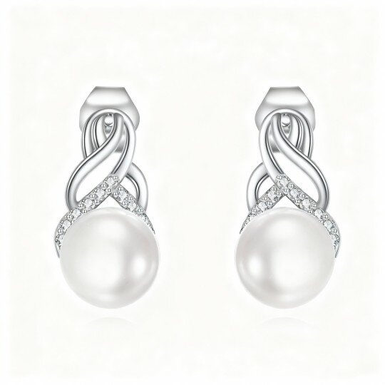 Brincos de pino com pérola e nó celta em ouro branco 10K