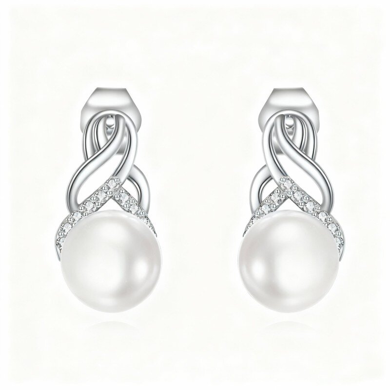 Brincos de pino com pérola e nó celta em ouro branco 10K-16