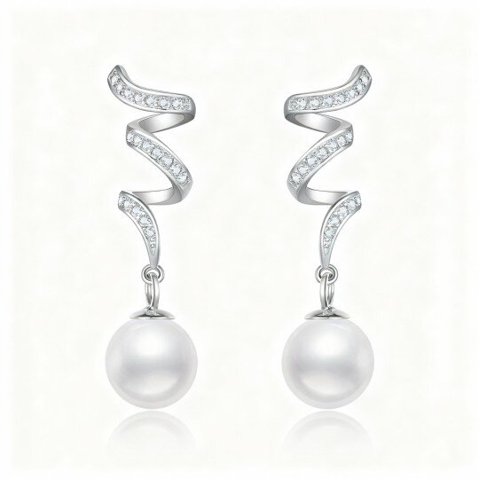 10K White Gold Pearl Celtic Spiral Knot Drop Earrings