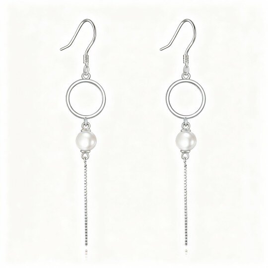 10K White Gold Pearl Circle Drop Earrings