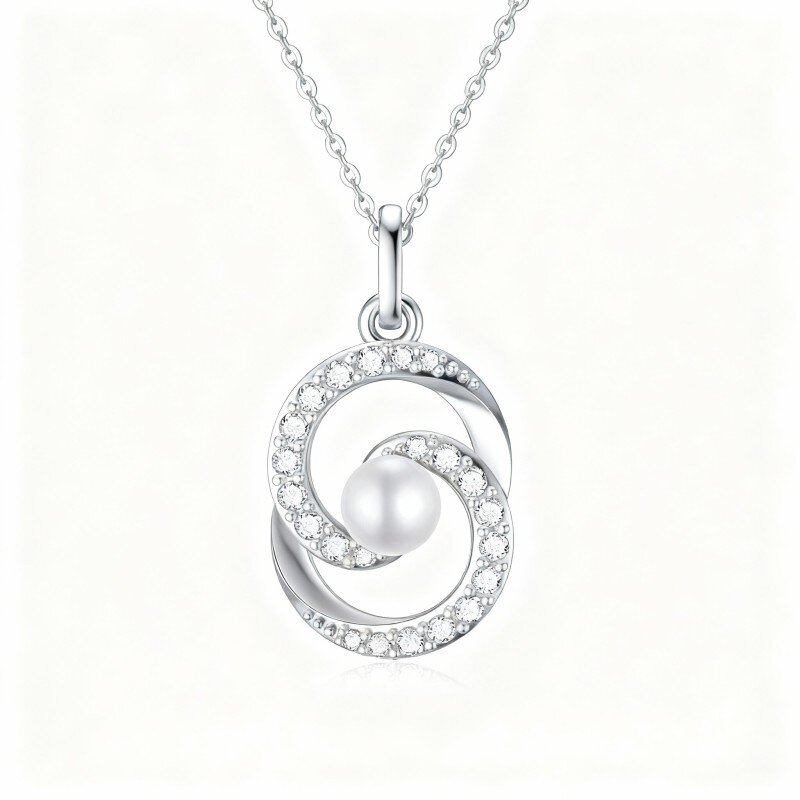 10K White Gold Pearl Circle Pendant Necklace-1