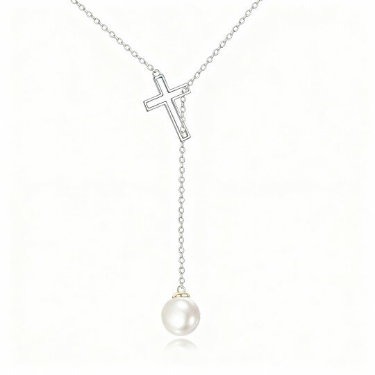 10K White Gold Pearl Cross Adjustable Y Necklace