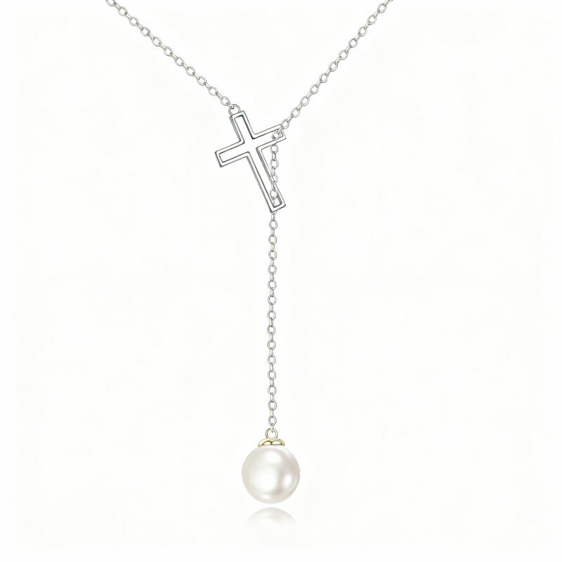 10K White Gold Pearl Cross Adjustable Y Necklace-18