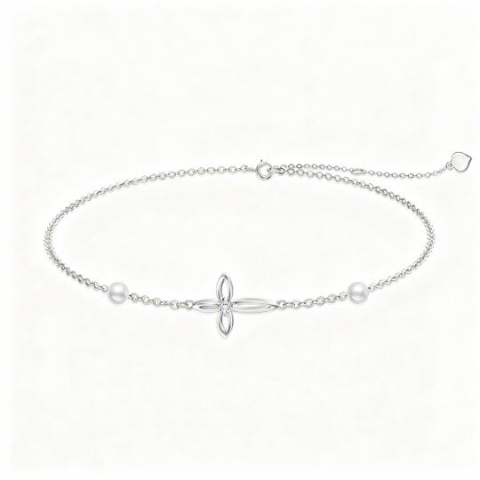 Bracciale con ciondolo a croce in oro bianco 10 carati con zirconi cubici e perle