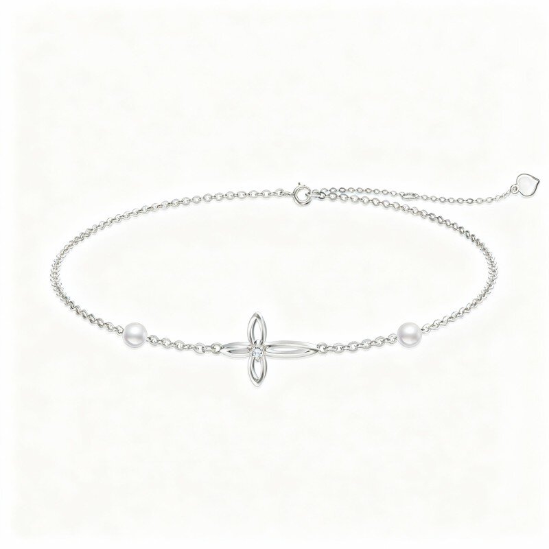 Bracciale con ciondolo a croce in oro bianco 10 carati con zirconi cubici e perle-2