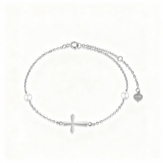 Bracciale con ciondolo a croce in oro bianco 10K e perle