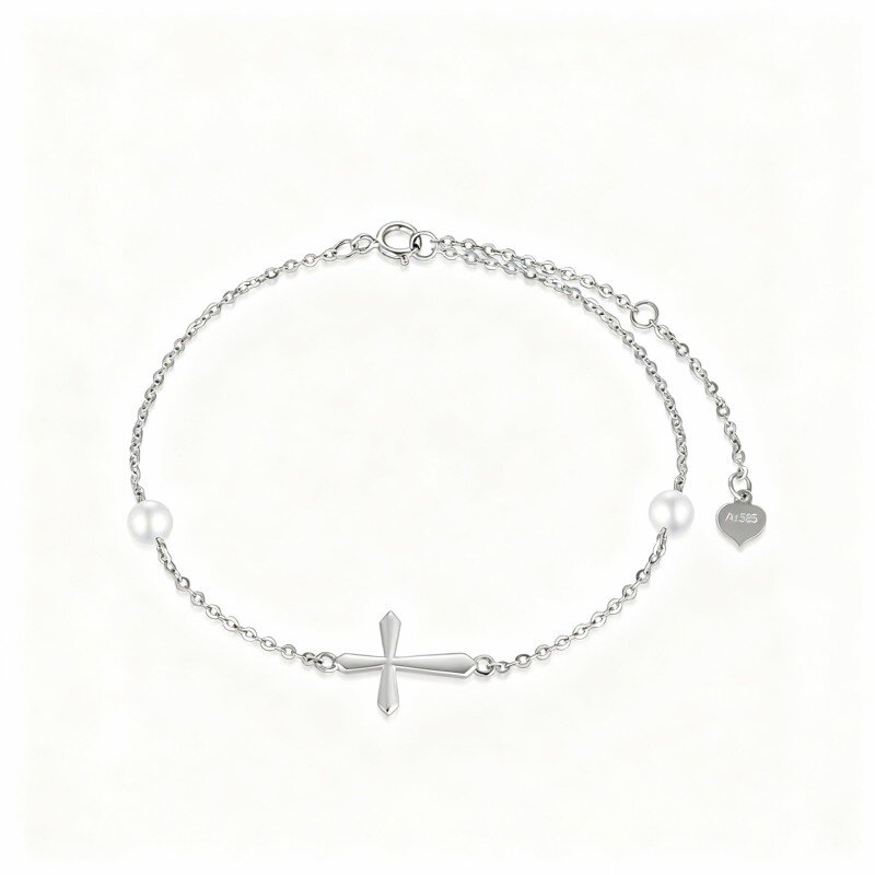 Bracciale con ciondolo a croce in oro bianco 10K e perle-15