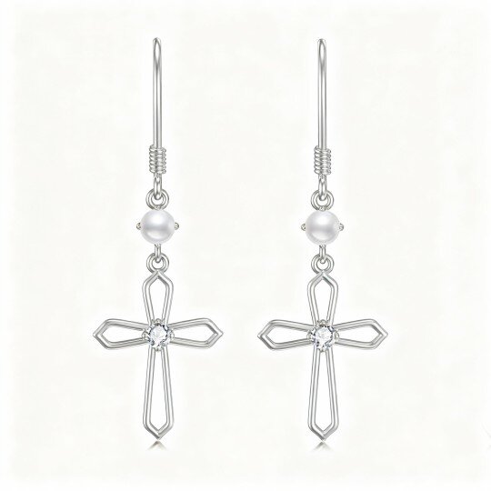 Brincos Cruz com Pérolas em Ouro Branco 10K