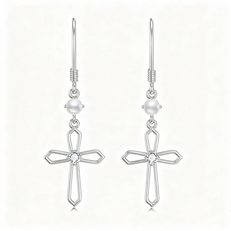 10K White Gold Pearl Cross Drop Earrings-8