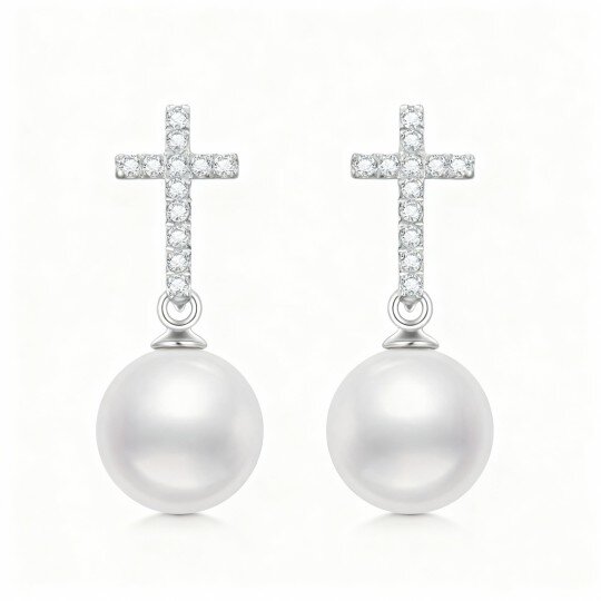 10K White Gold Pearl Cross Drop Earrings