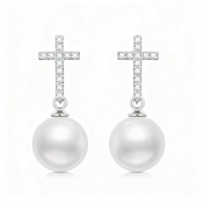 10K White Gold Pearl Cross Drop Earrings-14