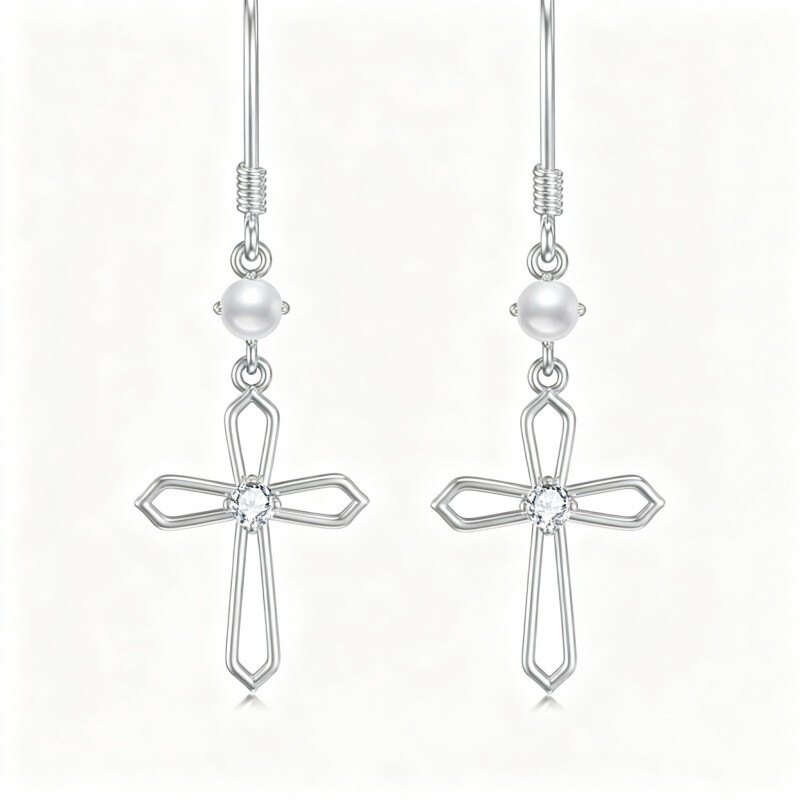 Ohrhänger aus 18-karätigem Weißgold mit Zirkonia und Perle in Kreuzform-1